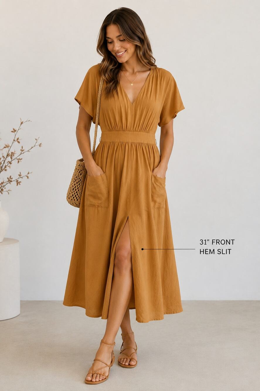 Madewell Camel Tan Linen-Blend Dolman-Sleeve Tie-Waist Midi Dress Women's Size 4